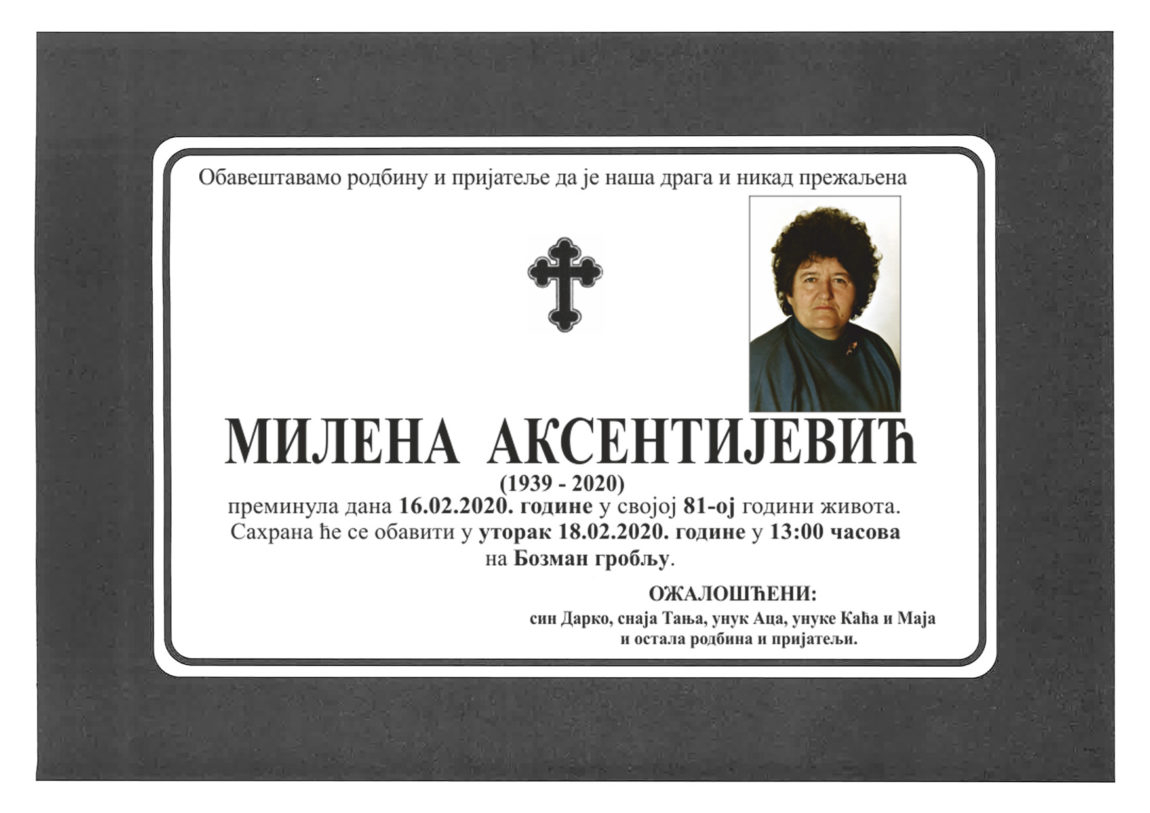 Milena Aksentijević <br> 1939 – 2020